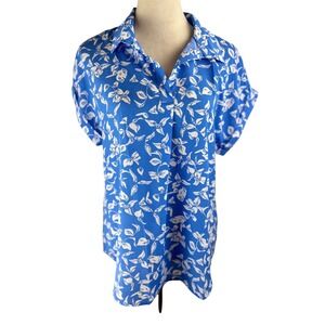 Timeson Womens Blue & White Floral V Neck Short Sleeve Blouse Medium NWT